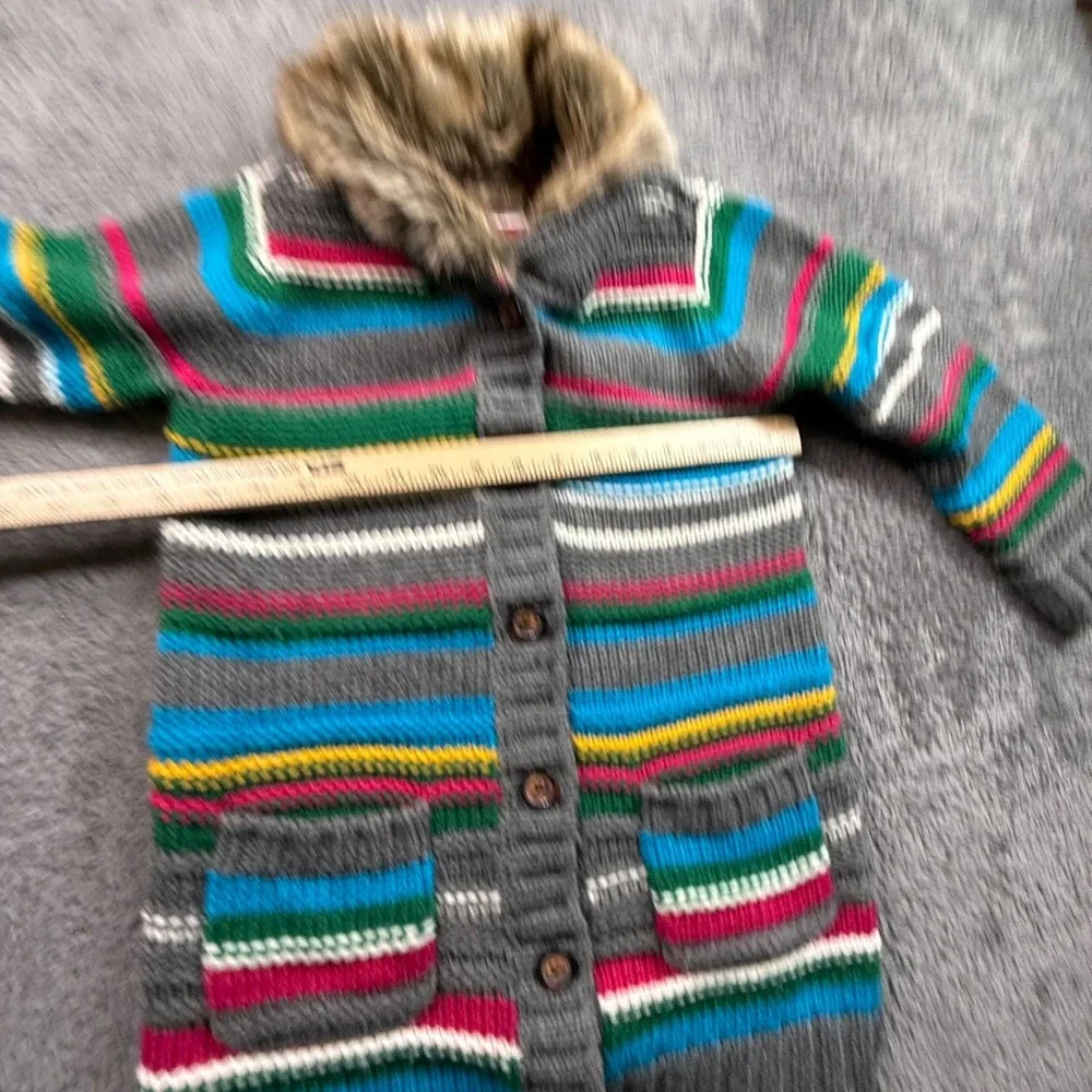 Hanna Andersson 130 Kids Striped Cardigan Faux Fur Collar Wool Blend Jacket - Picture 4 of 6